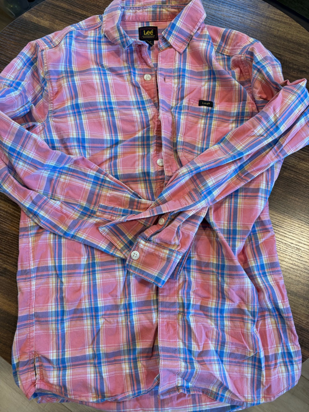 Lee Pink Plaid Button-Down Shirt with Blue and Cream Stripes